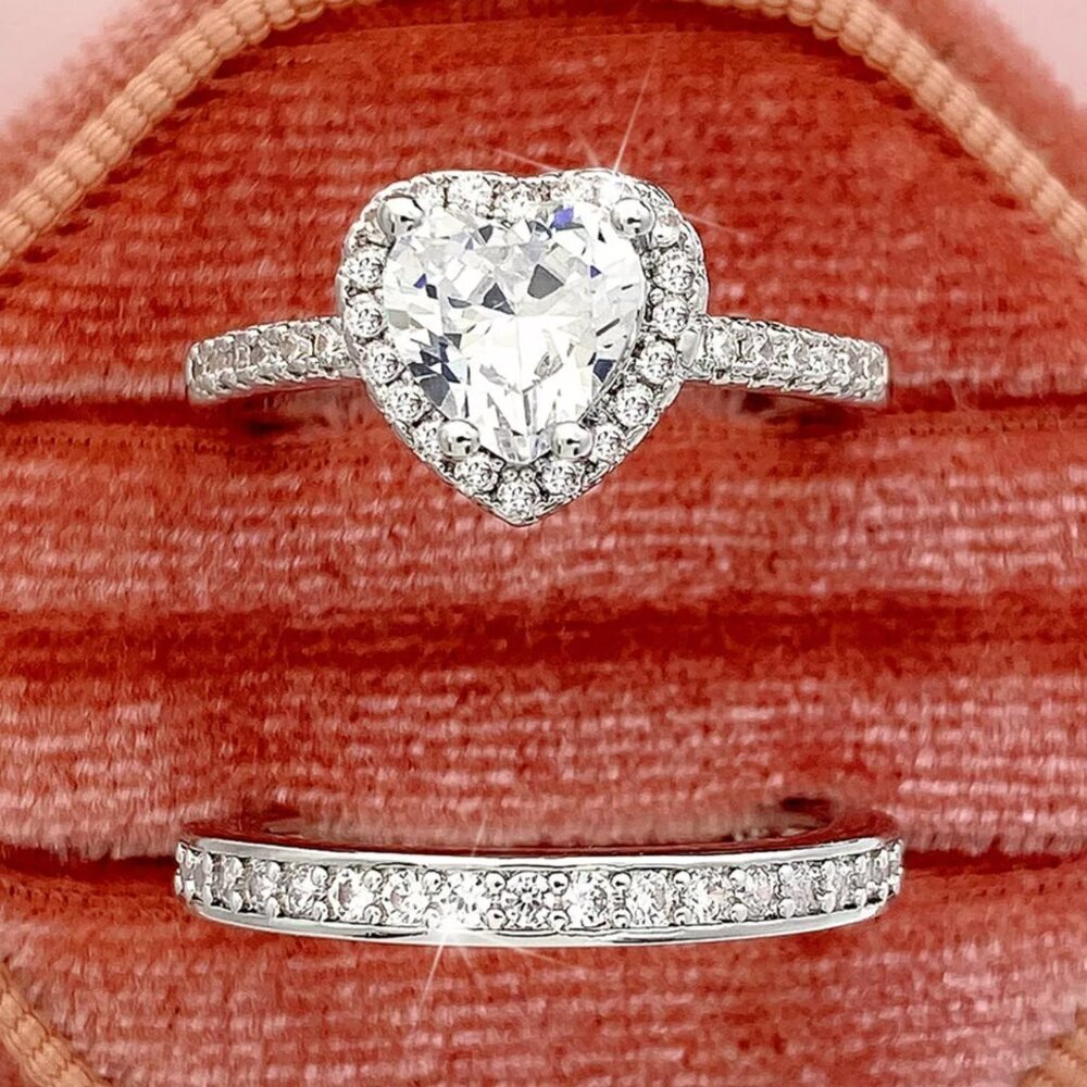 NEW 925 Sterling Silver Diamond Heart Ring Band Set of 2 DIamond Rings - Picture 5 of 6